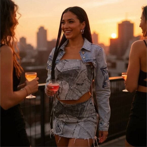 Y2K Denim Patchwork Halter Crop Top by Zemeta – Adjustable Tie Edition NWT L - Picture 4 of 6